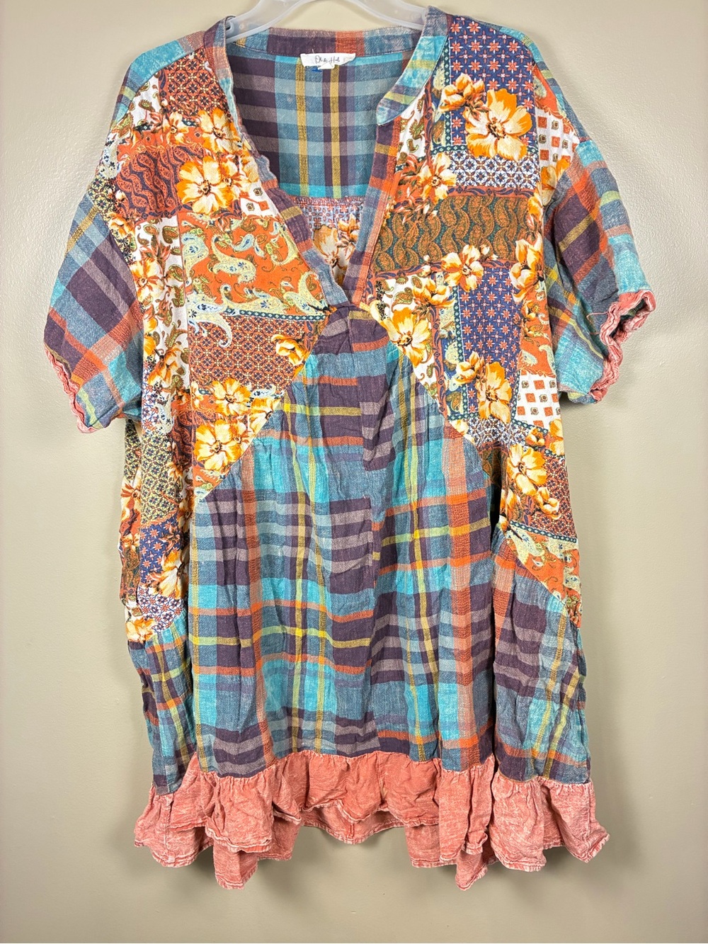 Oil & Hali Floral Patchwork Plaid V Neck Oversized Tunic Dress